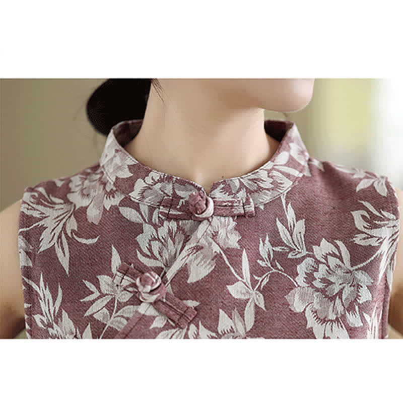 Nimara Ritual Frog-button Mandarin Collar Floral Pattern Sleeveless Cotton Mini Dress With Pockets