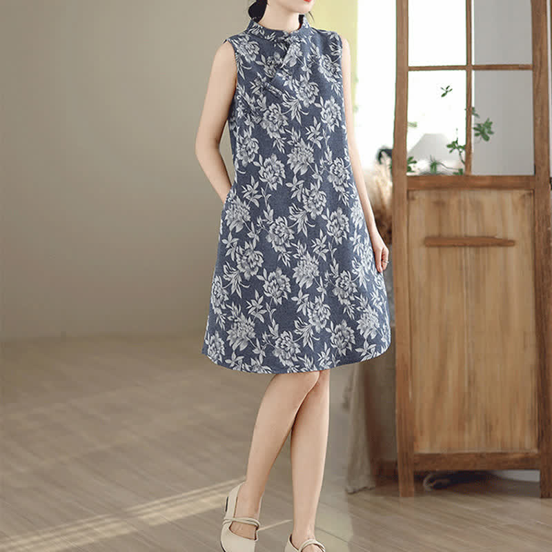 Nimara Ritual Frog-button Mandarin Collar Floral Pattern Sleeveless Cotton Mini Dress With Pockets