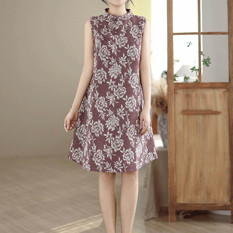 Nimara Ritual Frog-button Mandarin Collar Floral Pattern Sleeveless Cotton Mini Dress With Pockets