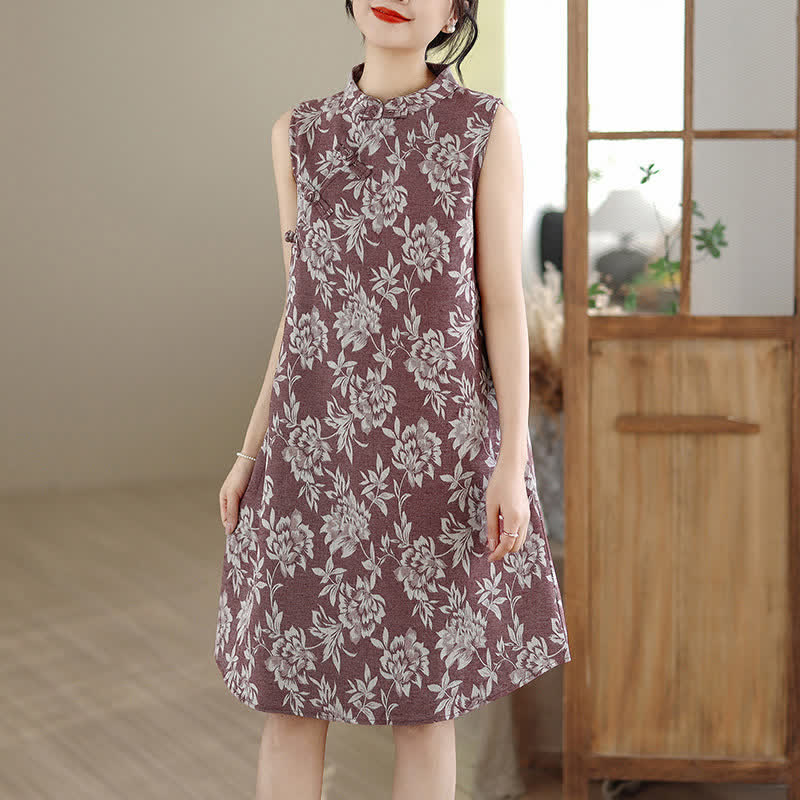 Nimara Ritual Frog-button Mandarin Collar Floral Pattern Sleeveless Cotton Mini Dress With Pockets