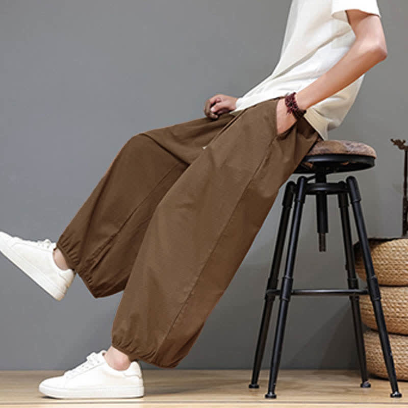 Nimara Ritual Summer Zen Elastic Waist Cuff Men's Cropped Harem Pants With Pockets