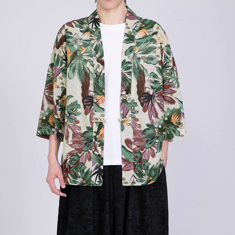 Nimara Ritual Summer Tropical Leaf Print Linen Blend Men's Short Sleeve Kimono