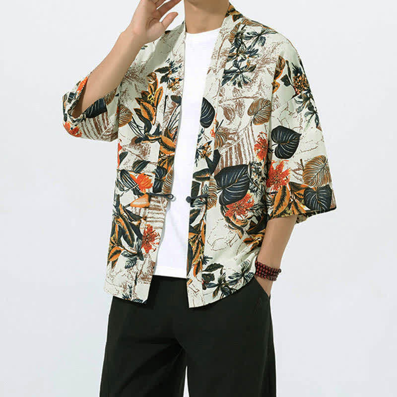 Nimara Ritual Summer Tropical Leaf Print Linen Blend Men's Short Sleeve Kimono
