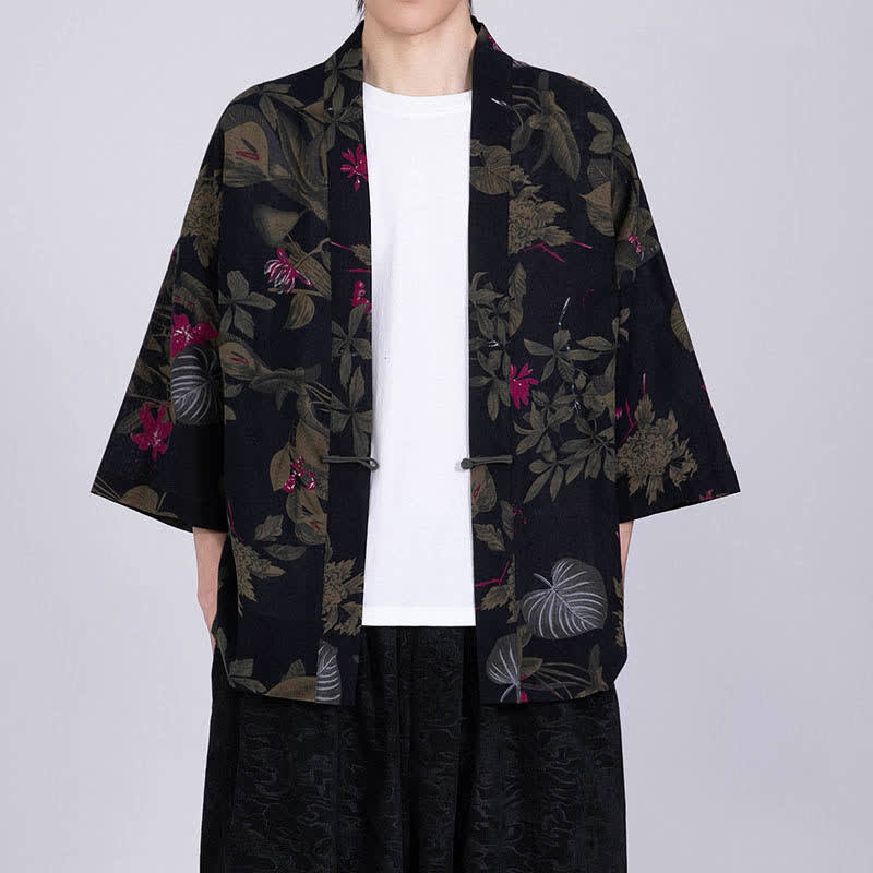 Nimara Ritual Summer Tropical Leaf Print Linen Blend Men's Short Sleeve Kimono