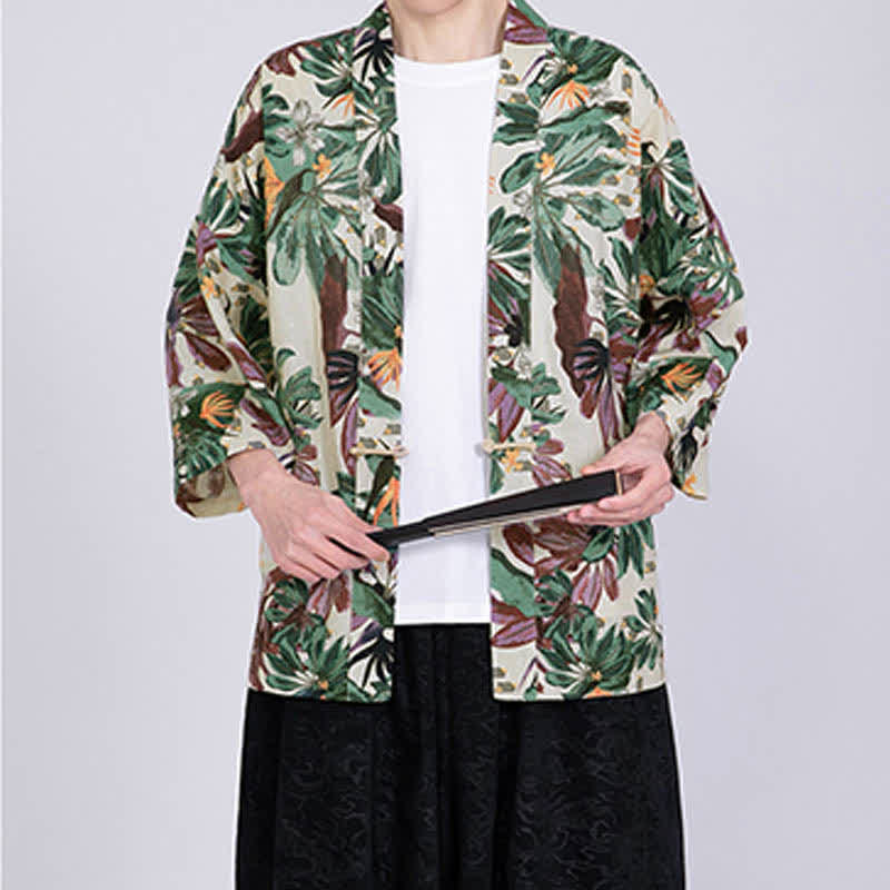 Nimara Ritual Summer Tropical Leaf Print Linen Blend Men's Short Sleeve Kimono