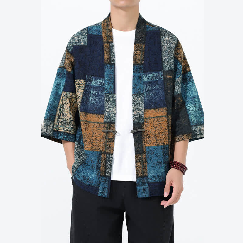 Nimara Ritual Summer Tropical Leaf Print Linen Blend Men's Short Sleeve Kimono