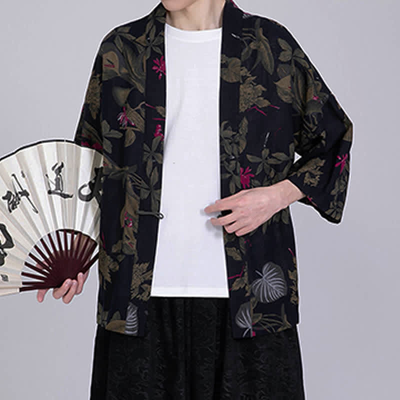Nimara Ritual Summer Tropical Leaf Print Linen Blend Men's Short Sleeve Kimono