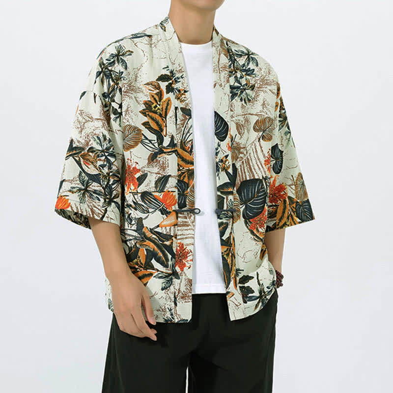 Nimara Ritual Summer Tropical Leaf Print Linen Blend Men's Short Sleeve Kimono