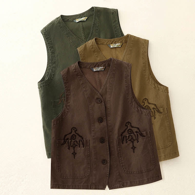 Nimara Ritual Spring Vintage Twill Bird Embroidery Cotton Women's V Neck Cropped Sleeveless Vest With Pockets