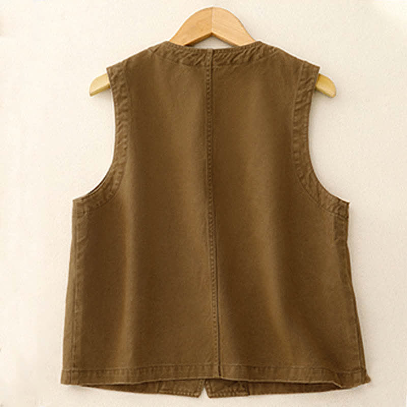 Nimara Ritual Spring Vintage Twill Bird Embroidery Cotton Women's V Neck Cropped Sleeveless Vest With Pockets