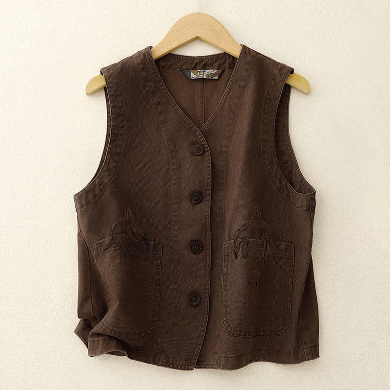 Nimara Ritual Spring Vintage Twill Bird Embroidery Cotton Women's V Neck Cropped Sleeveless Vest With Pockets