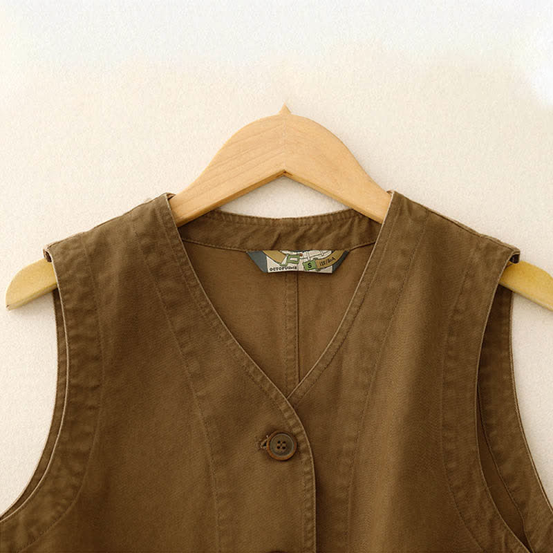 Nimara Ritual Spring Vintage Twill Bird Embroidery Cotton Women's V Neck Cropped Sleeveless Vest With Pockets