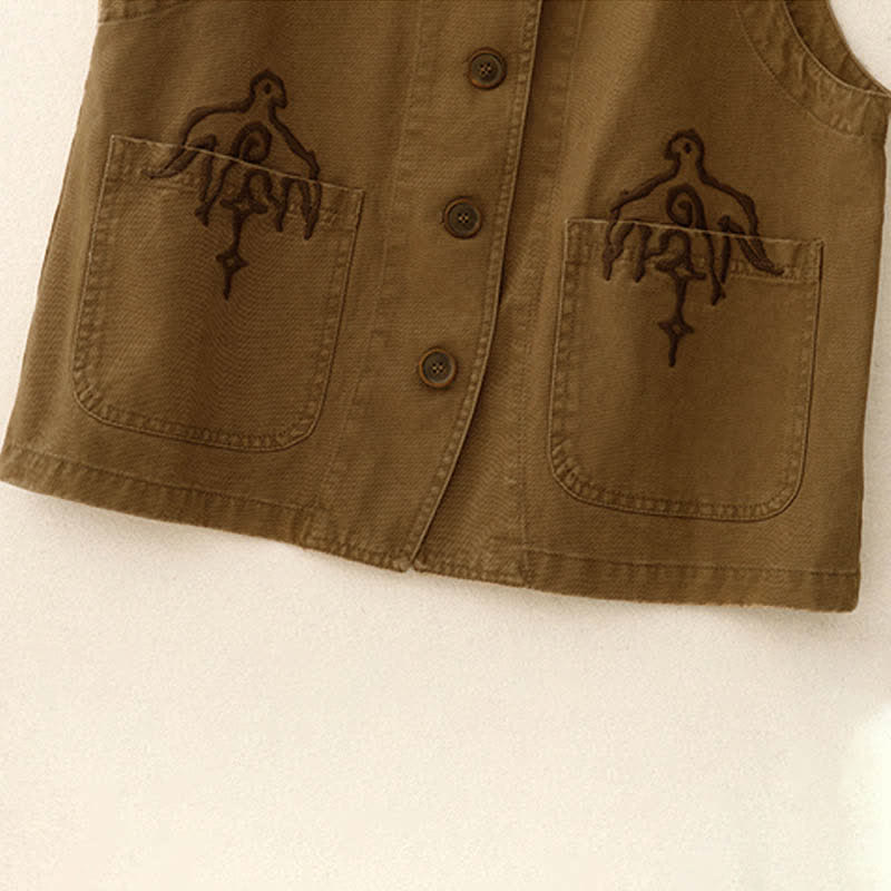 Nimara Ritual Spring Vintage Twill Bird Embroidery Cotton Women's V Neck Cropped Sleeveless Vest With Pockets