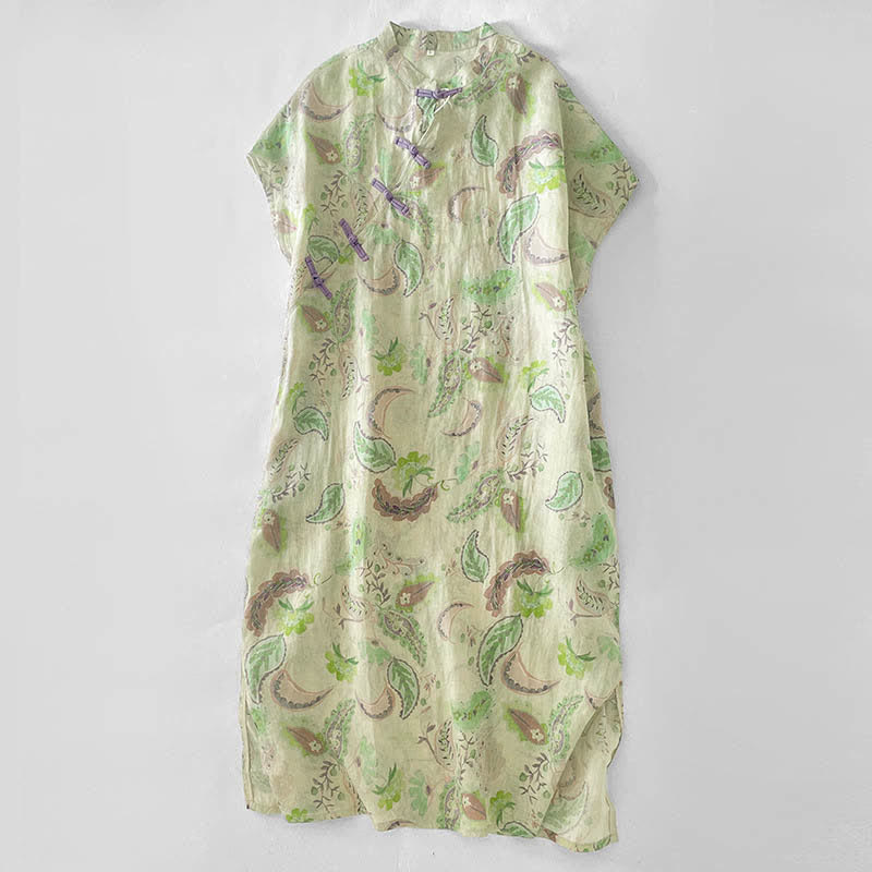 Nimara Ritual Summer Vintage Paisley Floral Mandarin Collar Women's Short Sleeve Dresses With Pockets