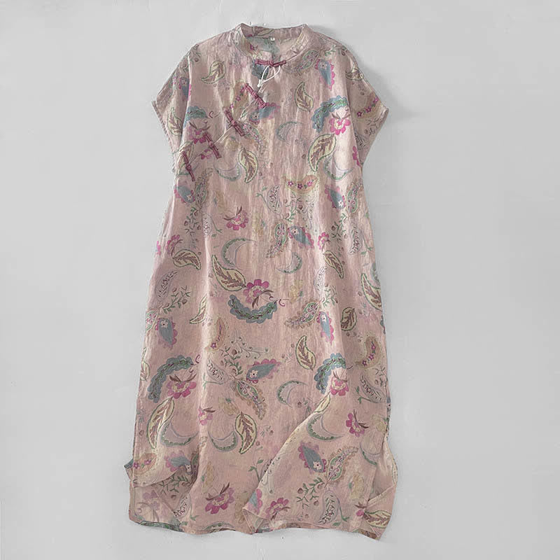 Nimara Ritual Summer Vintage Paisley Floral Mandarin Collar Women's Short Sleeve Dresses With Pockets
