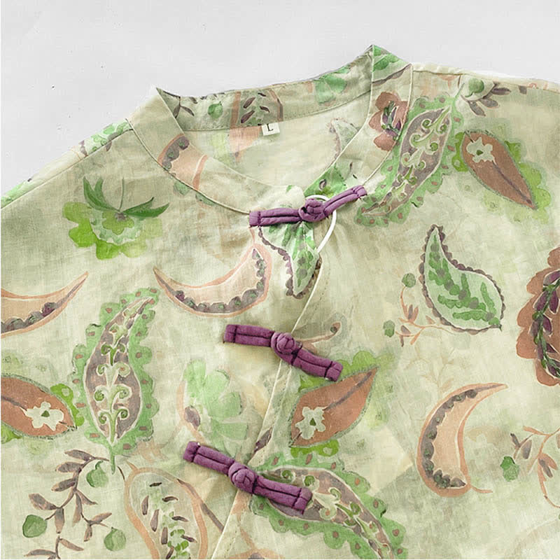 Nimara Ritual Summer Vintage Paisley Floral Mandarin Collar Women's Short Sleeve Dresses With Pockets