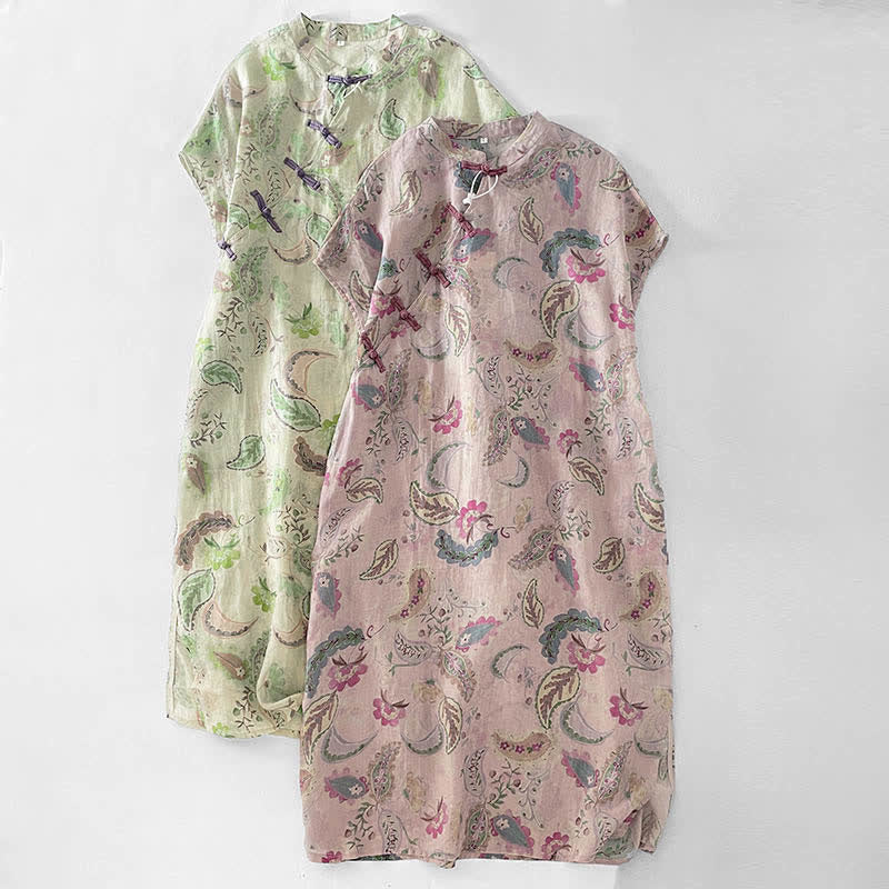 Nimara Ritual Summer Vintage Paisley Floral Mandarin Collar Women's Short Sleeve Dresses With Pockets