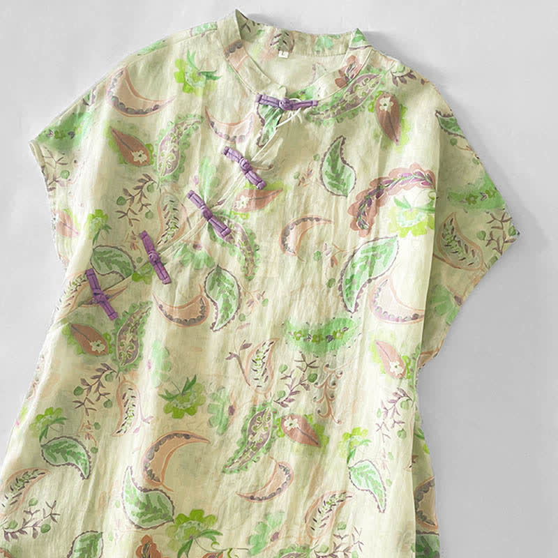 Nimara Ritual Summer Vintage Paisley Floral Mandarin Collar Women's Short Sleeve Dresses With Pockets