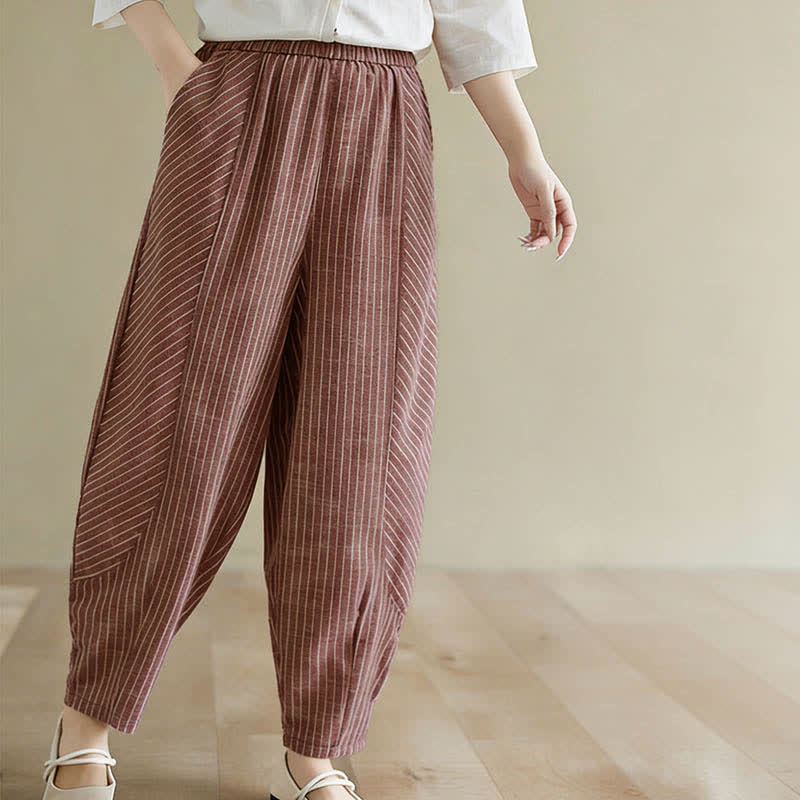 Nimara Ritual Summer Casual Striped Linen Cotton Women's Tapered Pants With Pockets