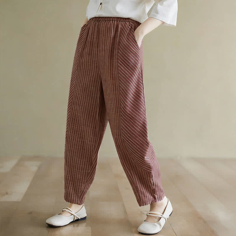 Nimara Ritual Summer Casual Striped Linen Cotton Women's Tapered Pants With Pockets