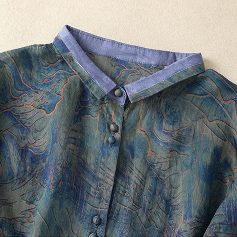 Nimara Ritual Summer Floral Print Button Up Mandarin Collar Chiffon Women's Elbow-Length Sleeve Shirt