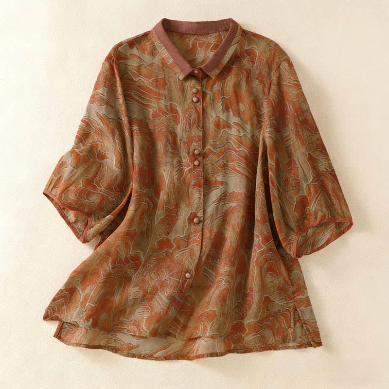 Nimara Ritual Summer Floral Print Button Up Mandarin Collar Chiffon Women's Elbow-Length Sleeve Shirt
