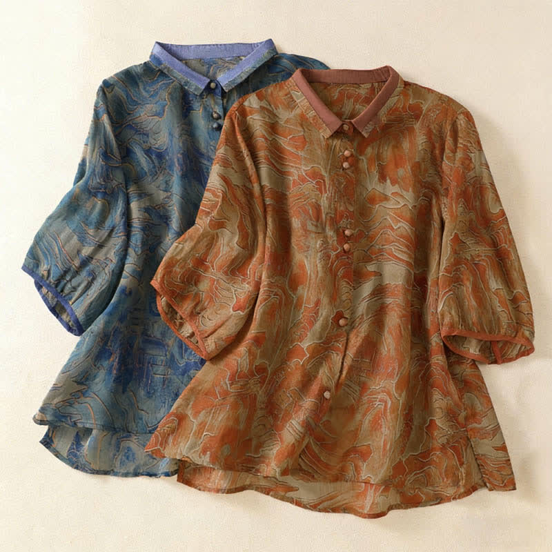 Nimara Ritual Summer Floral Print Button Up Mandarin Collar Chiffon Women's Elbow-Length Sleeve Shirt