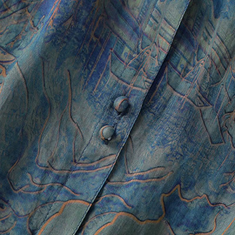 Nimara Ritual Summer Floral Print Button Up Mandarin Collar Chiffon Women's Elbow-Length Sleeve Shirt
