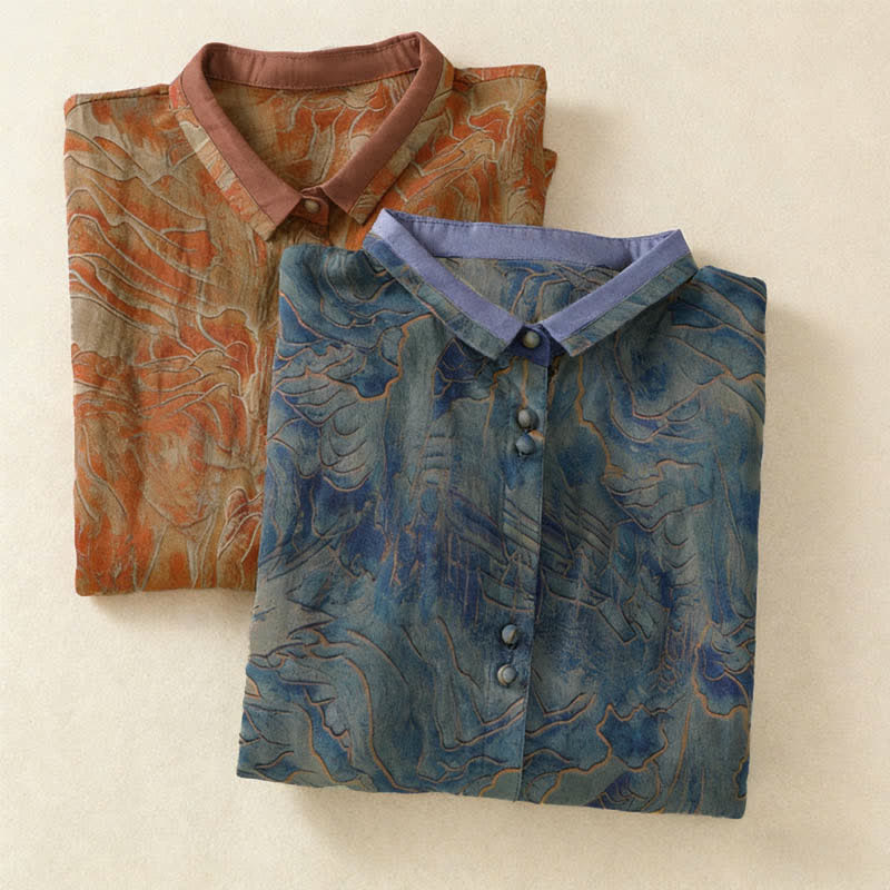 Nimara Ritual Summer Floral Print Button Up Mandarin Collar Chiffon Women's Elbow-Length Sleeve Shirt