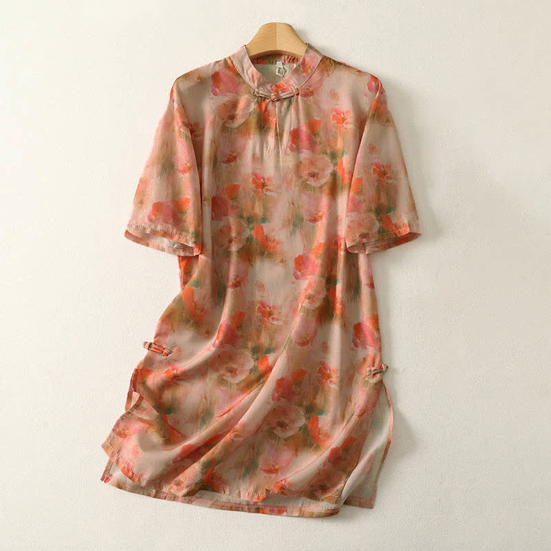 Nimara Ritual Summer Floral Print Mandarin Collar Frog Button Women's Short Sleeve Mini Dress