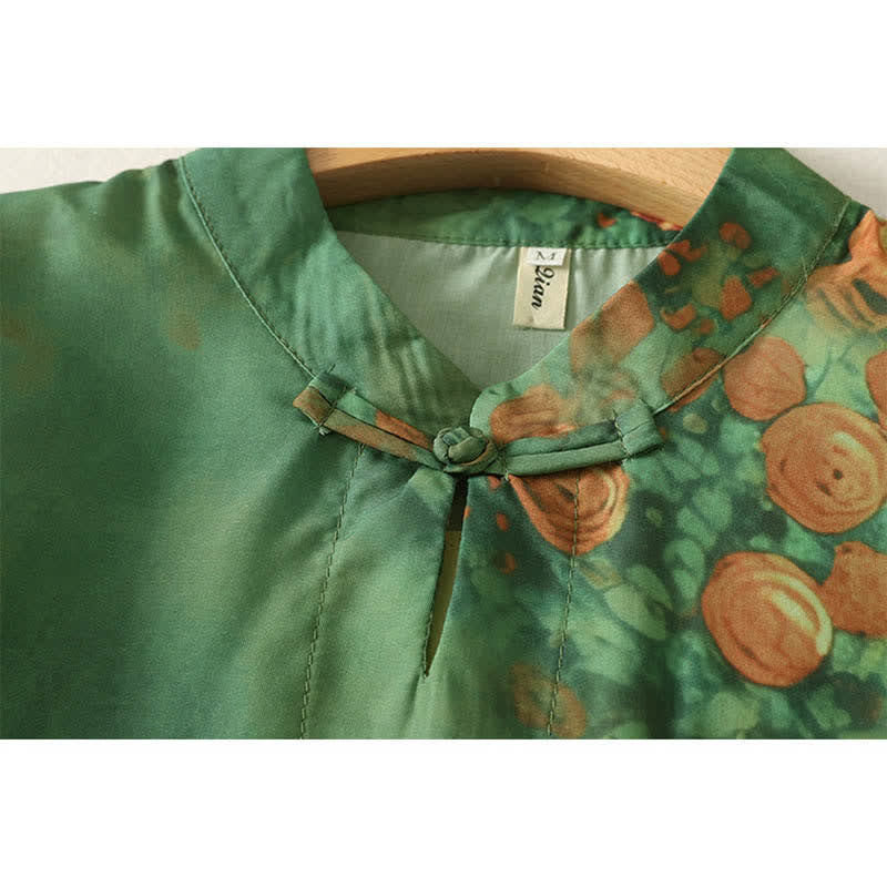 Nimara Ritual Summer Floral Print Mandarin Collar Frog Button Women's Short Sleeve Mini Dress