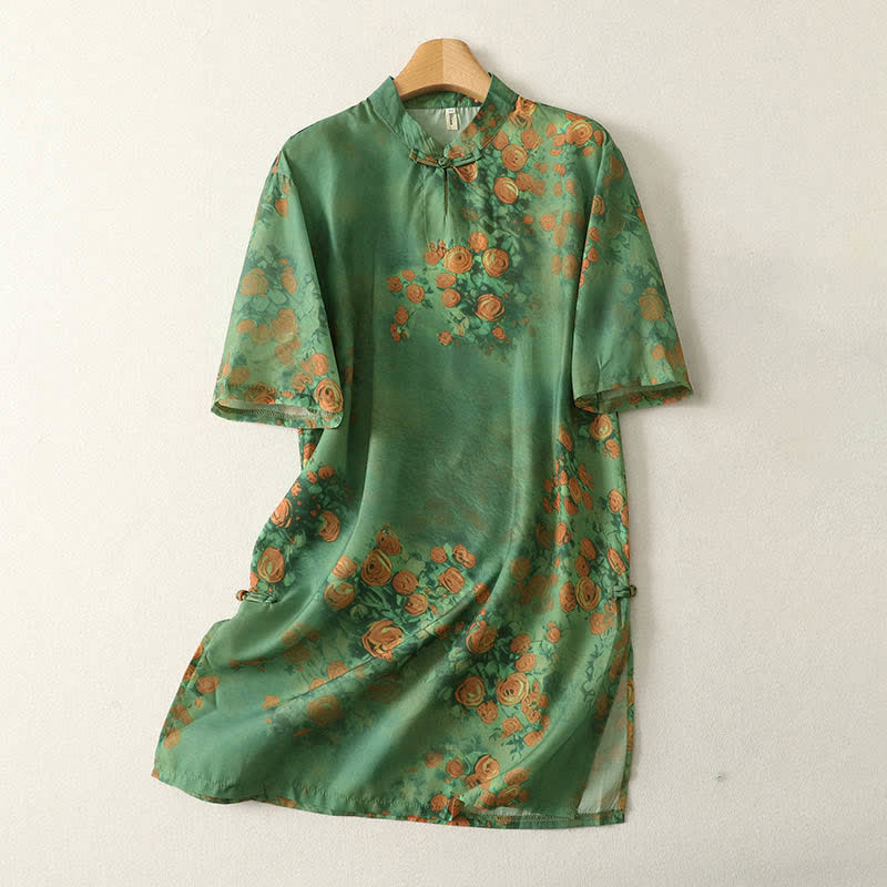 Nimara Ritual Summer Floral Print Mandarin Collar Frog Button Women's Short Sleeve Mini Dress