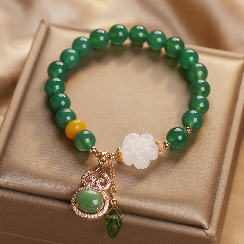 Nimara Ritual Green Agate White Jade Flower Gourd Leaf Charm Support Bracelet