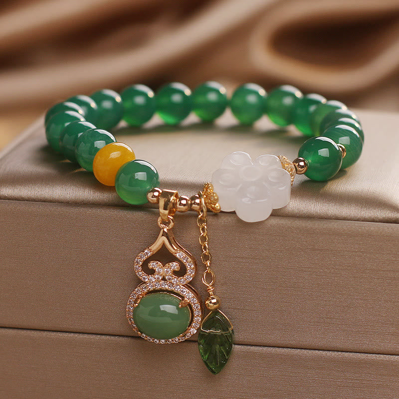 Nimara Ritual Green Agate White Jade Flower Gourd Leaf Charm Support Bracelet