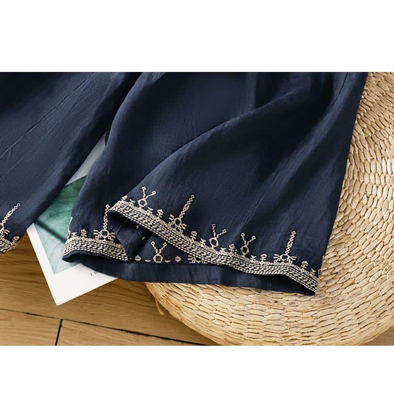 Nimara Ritual Summer Boho Embroidery Solid Women's Wide Leg Pants With Pockets