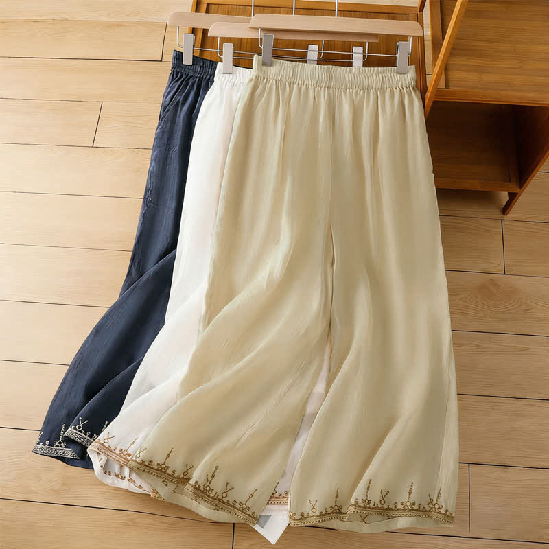 Nimara Ritual Summer Boho Embroidery Solid Women's Wide Leg Pants With Pockets