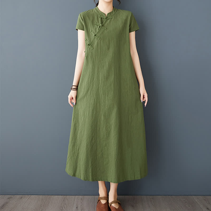 Nimara Ritual Summer Minimalist Mandarin Collar Knot Button Solid Linen Women's Short Sleeve Dress With Pockets