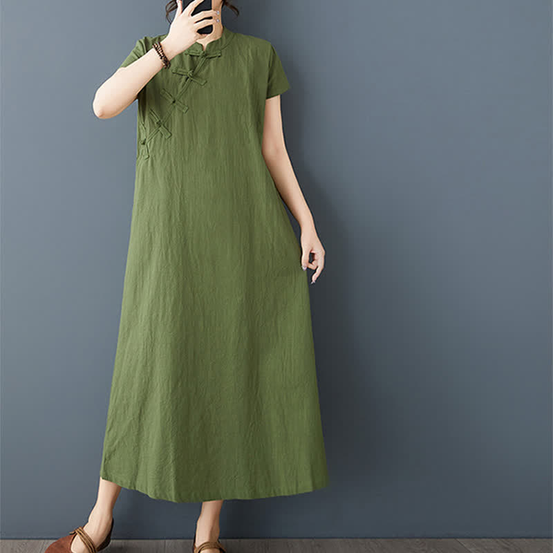 Nimara Ritual Summer Minimalist Mandarin Collar Knot Button Solid Linen Women's Short Sleeve Dress With Pockets