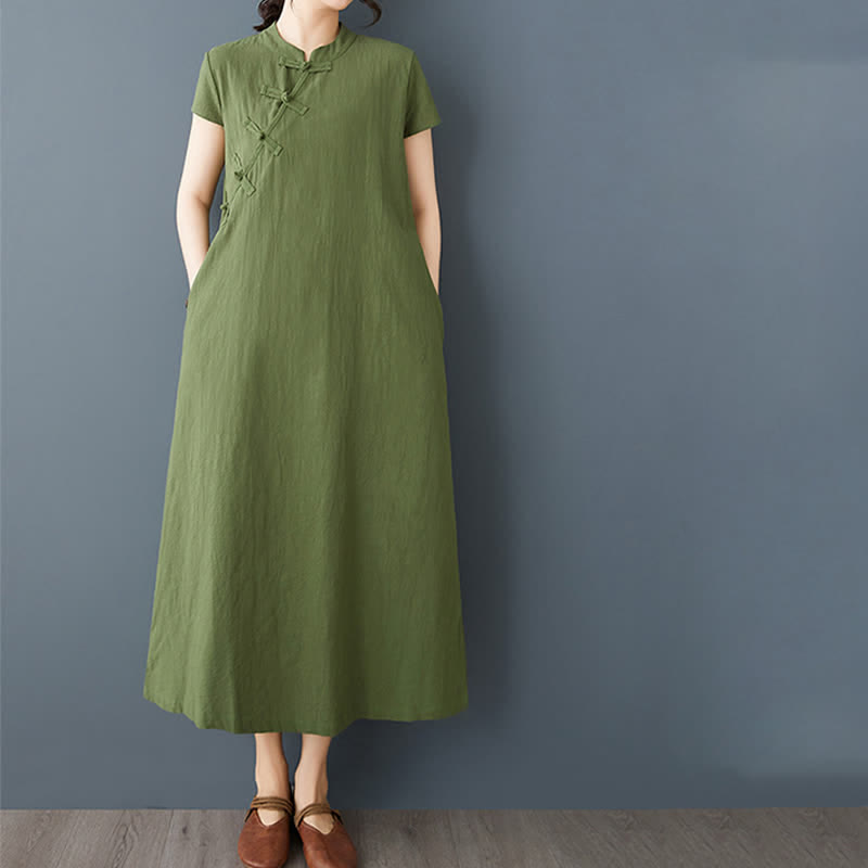 Nimara Ritual Summer Minimalist Mandarin Collar Knot Button Solid Linen Women's Short Sleeve Dress With Pockets