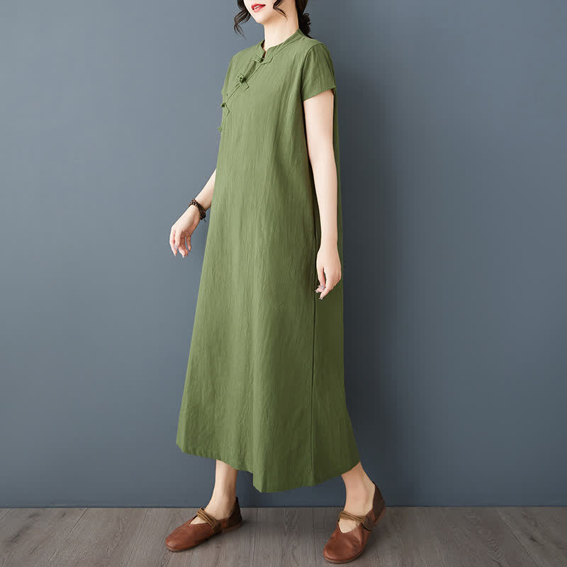 Nimara Ritual Summer Minimalist Mandarin Collar Knot Button Solid Linen Women's Short Sleeve Dress With Pockets
