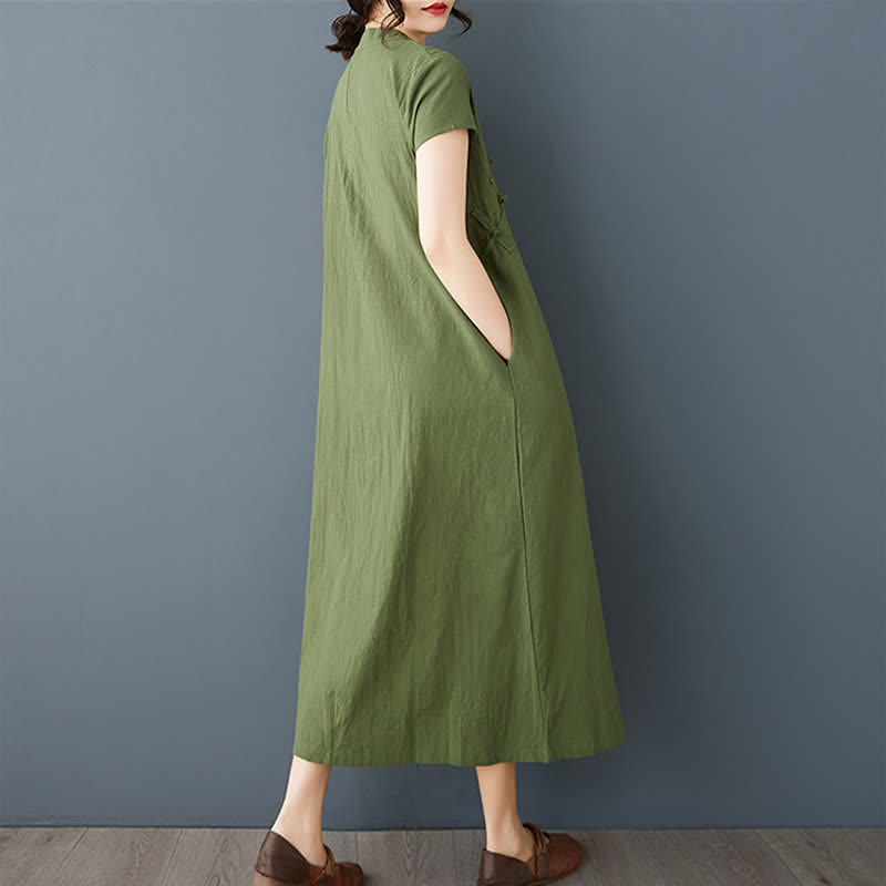 Nimara Ritual Summer Minimalist Mandarin Collar Knot Button Solid Linen Women's Short Sleeve Dress With Pockets