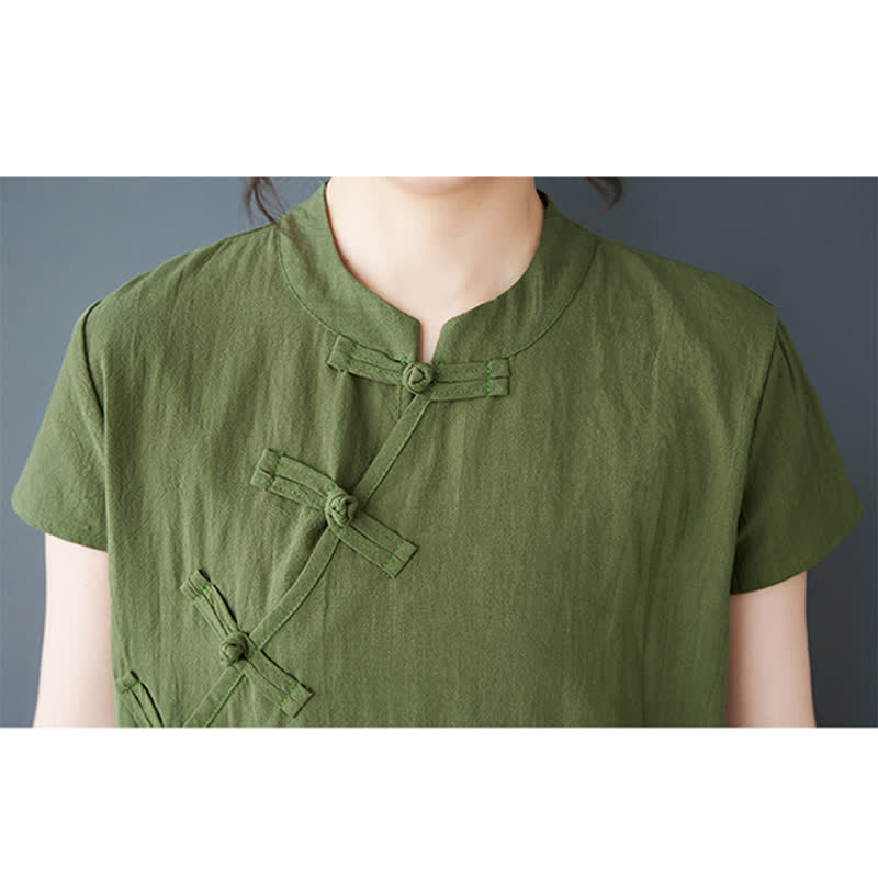 Nimara Ritual Summer Minimalist Mandarin Collar Knot Button Solid Linen Women's Short Sleeve Dress With Pockets