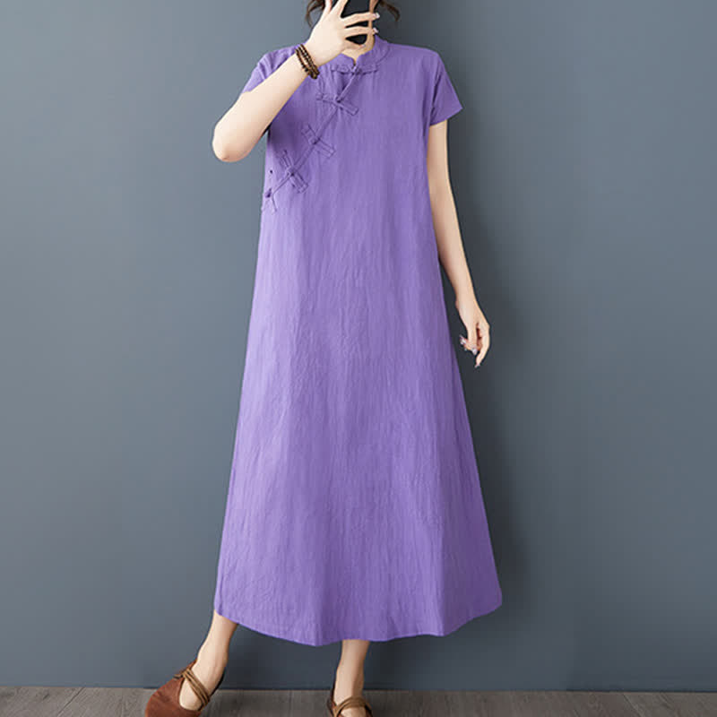 Nimara Ritual Summer Minimalist Mandarin Collar Knot Button Solid Linen Women's Short Sleeve Dress With Pockets