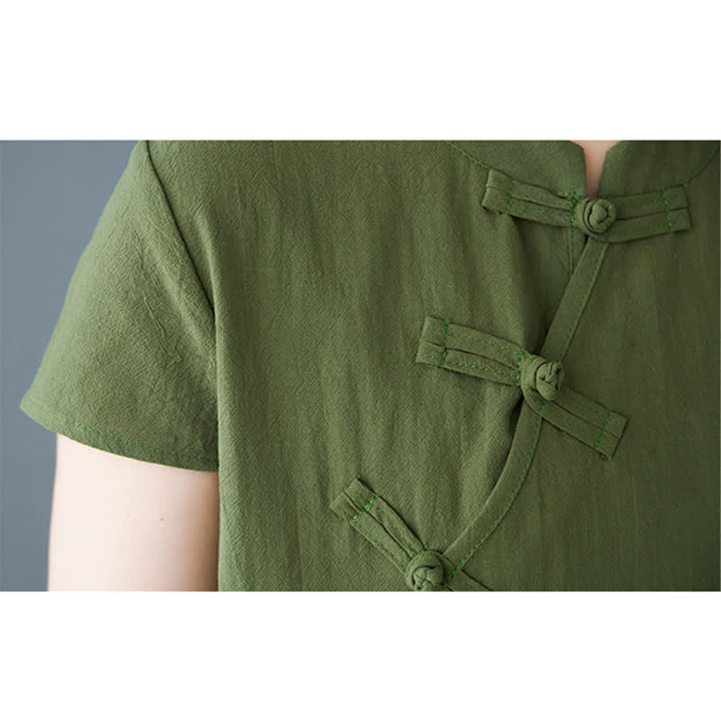 Nimara Ritual Summer Minimalist Mandarin Collar Knot Button Solid Linen Women's Short Sleeve Dress With Pockets