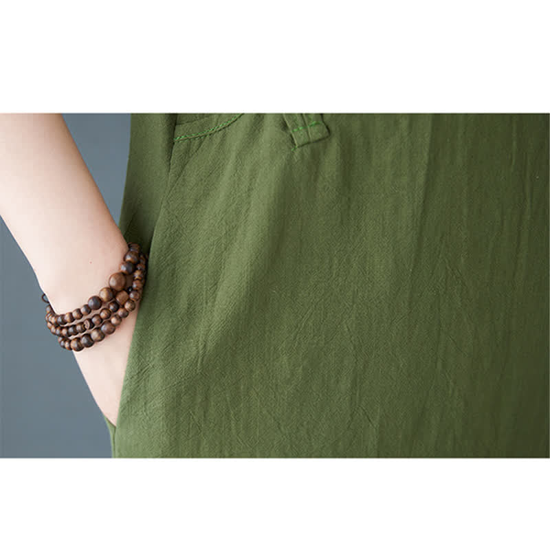 Nimara Ritual Summer Minimalist Mandarin Collar Knot Button Solid Linen Women's Short Sleeve Dress With Pockets