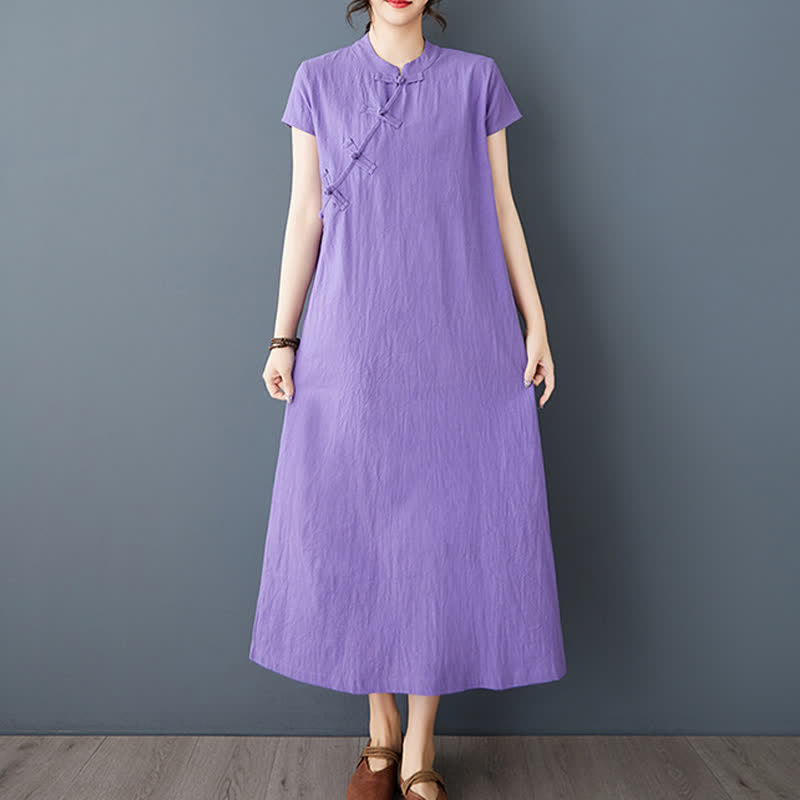 Nimara Ritual Summer Minimalist Mandarin Collar Knot Button Solid Linen Women's Short Sleeve Dress With Pockets