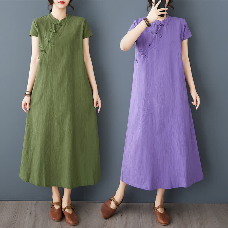 Nimara Ritual Summer Minimalist Mandarin Collar Knot Button Solid Linen Women's Short Sleeve Dress With Pockets