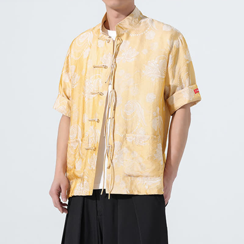 Nimara Ritual Summer Tang Style Mandarin Collar Floral Jacquard Men's Short Sleeve Shirt With Pockets