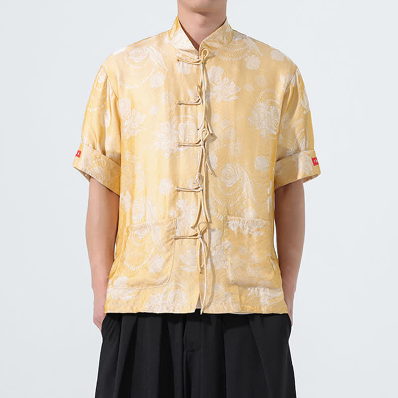 Nimara Ritual Summer Tang Style Mandarin Collar Floral Jacquard Men's Short Sleeve Shirt With Pockets