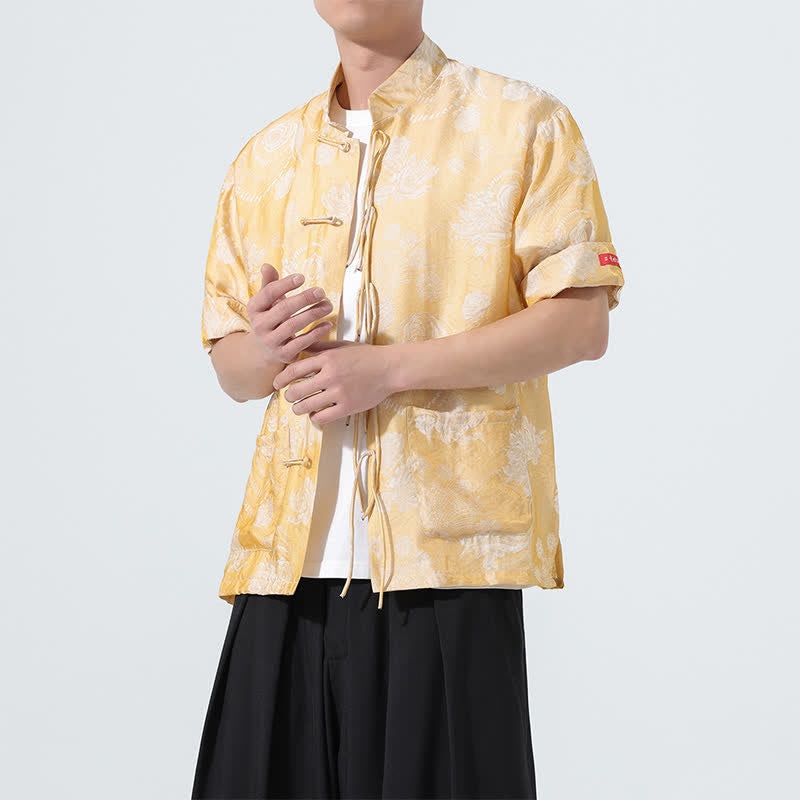 Nimara Ritual Summer Tang Style Mandarin Collar Floral Jacquard Men's Short Sleeve Shirt With Pockets